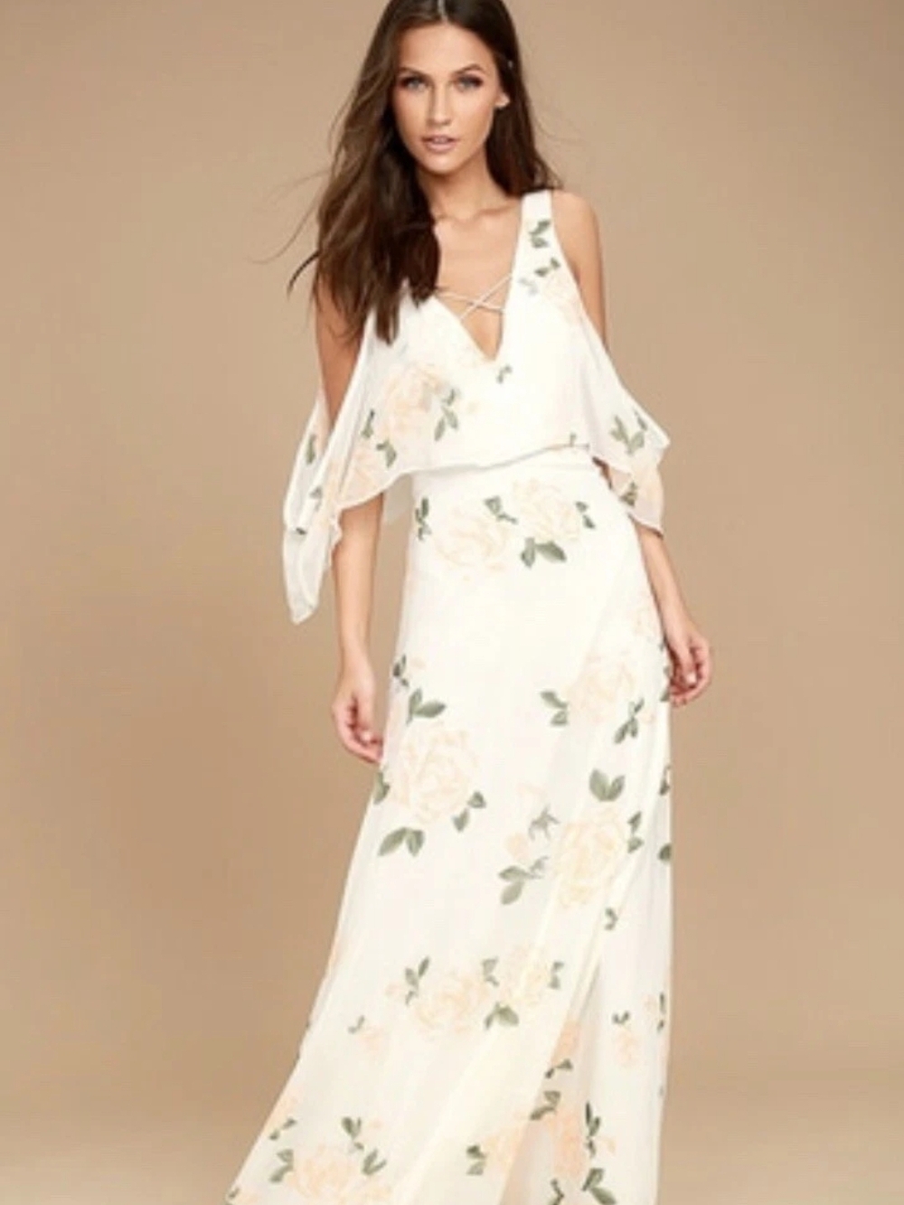 Lulu's Cream Maxi Dress with Peach Floral Accents